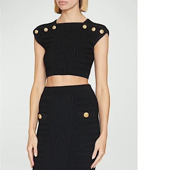 Balmain 6-Button Pointelle Knit Crop Top